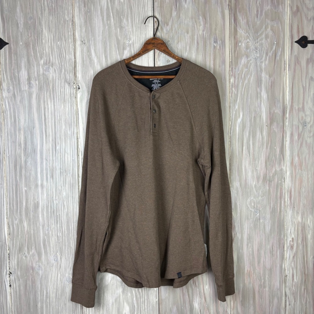 Denver Hayes‎ Mens Modern Fit Long Sleeve Thermal Henley Shirt Sz M Brown Cotton